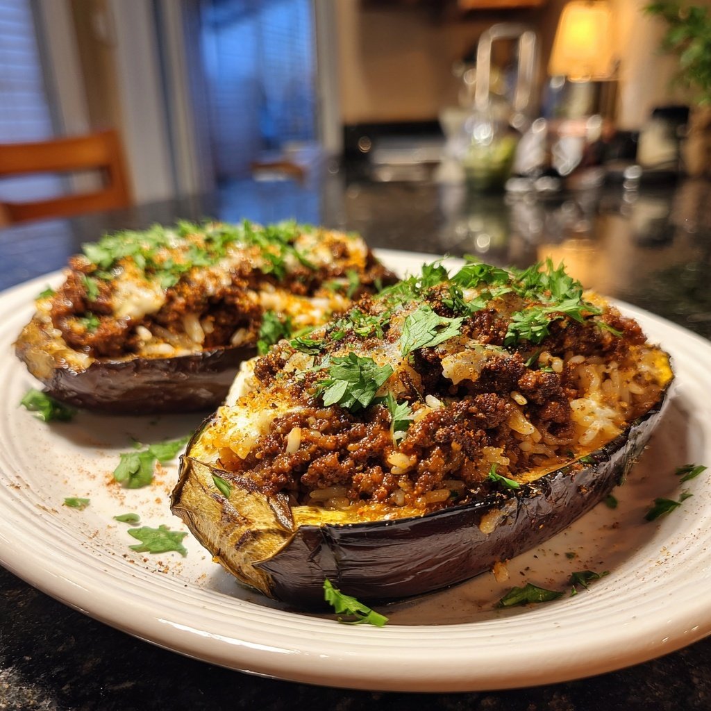 Ground Beef And Rice Stuffed Eggplant